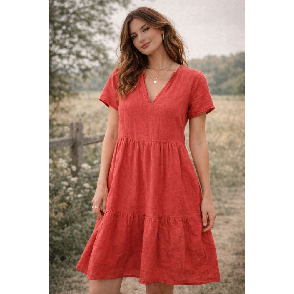 Francesca Bettini Linen Dress Small Tiered Boho Cottage Flowy Lightweight Travel